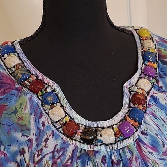 KAK TUS sz XL colorful embellished neckline tunic top - Picture 2 of 10